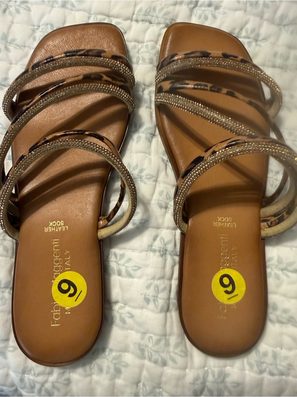 Leather Slide Sandals with Tortoiseshell and Metallic Straps - Brown